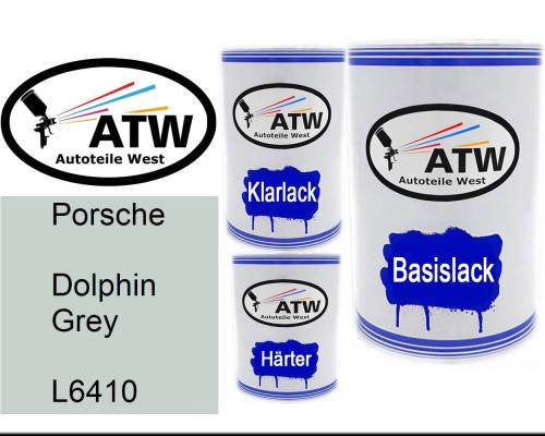 Porsche, Dolphin Grey, L6410: 500ml Lackdose + 500ml Klarlack + 250ml Härter - Set, von ATW Autoteile West.